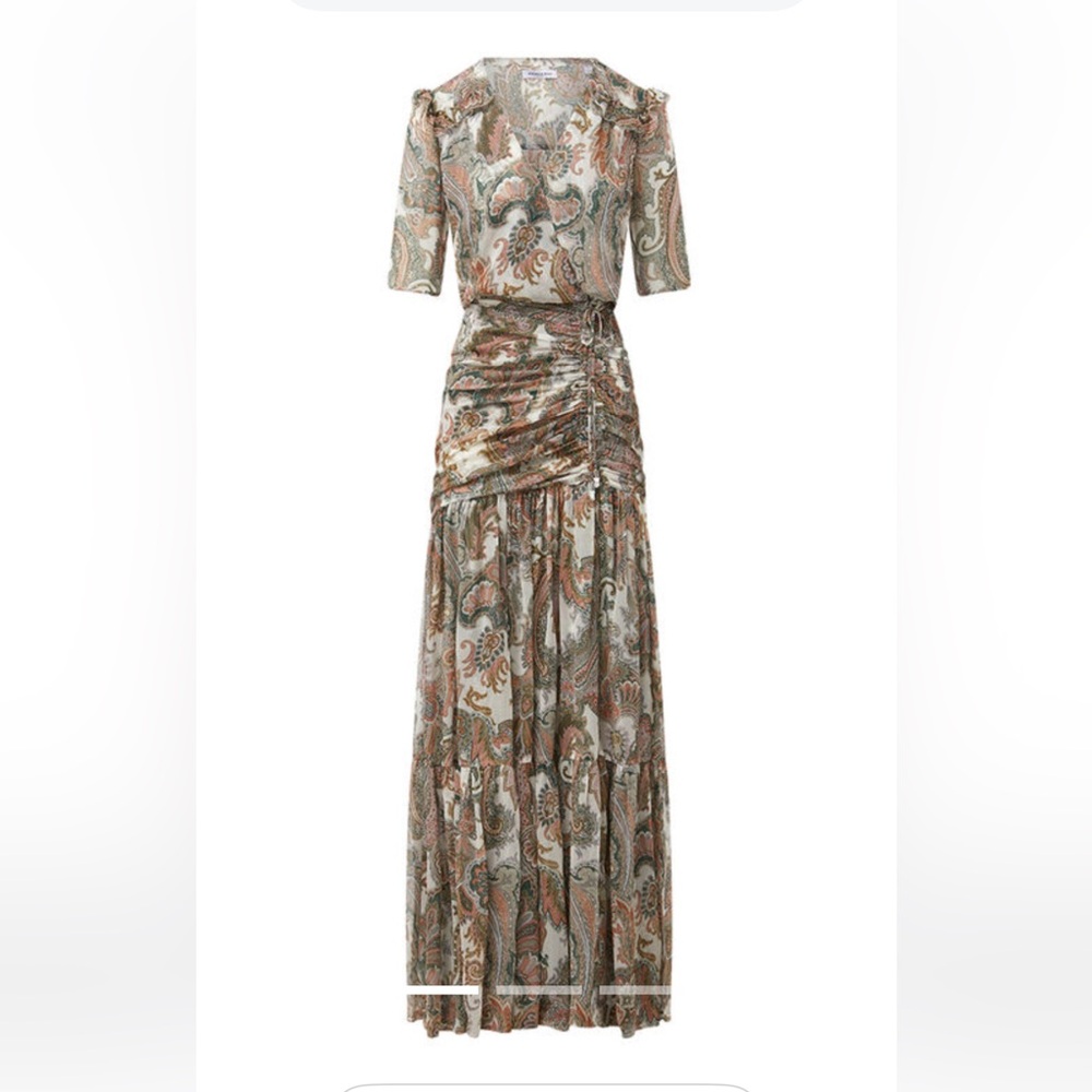 Veronica Beard Paisley Tiered Maxi Dress in Green, Brown & Cream
